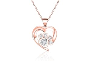 BEKECH Pet Lover Gifts Paw Print Necklace Cubic Zirconia Puppy Dog Cat Pet Paw Print Love Heart Pendant Necklace for Women Girls