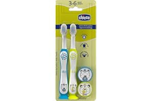 Chicco Set 2 Spazzolini da Denti per Bambini con Ventosa, Testina Arrotondata, Setole Morbide Delicate su Gengive e Dentini, Ampio Manico Antiscivolo, Coprisetole Incluso, 3-6 Anni, 2 Pezzi, Bimbo