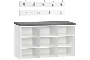 ‎HOOBRO HOOBRO Garderobe Schuhregal Set, Schuhbank mit 9 F Cher, Schuhregal mit gepolsterter Sitzbank, Wandgarderobe mit 9 Haken, Schuhschrank f r Flur, Eingangsbereich, Schlafzimmer wei EWT89HX01
