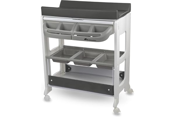 Bebeconfort Dolphy, Baignoire & Table à Langer Bébé, 0-12 Mois (max. 11 kg), Facile à Déplacer avec 4 Roulettes, Compartiments, Matelas Rembourré, Drainage Facile de la Baignoire, Grey Mist