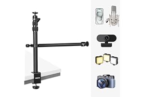 CAMBOFOTO Overhead Camera Desk Mount, Tabletop Stand, 18.5-32.5'' Table Camera Tripod with Magic Arm, 1/4 Screw Ball Head, Phone Holder for Small Cameras, Ring lights, Microphones, Smartphones, Wecam