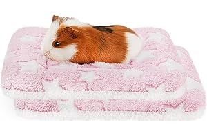 Amakunft 2 Pcs Guinea Pig Bed Mat Washable, Rabbit Winter Bed Pad for Indoor, Warm Small Animal Bed Mattres, Fleece Sleeping Pad for Bunny, Rat, Hedgehog, Chinchilla (Pink Star, Medium)