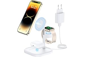DEESOOCO Mag Safe ładowarka z zasilaczem 18 W, indukcyjna stacja ładująca 3 w 1, kompatybilna z iPhone 15/14/13/12, AirPods 3/2/Pro i Apple Watch Wireless Charger