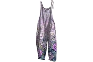 Ni_ka Combinaison Boheme Femme Chic Imprimé Fleur Combishorts Bretelles Fines Retro sans Manche Lin Salopette Leger Jumpsuit Summer Blanc Bleu
