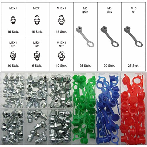 Schmiernippel + Schutzkappen Abdeckkappen Staubschutzkappe M6 M8 M10 0° 90° Hydraulik Fettnippel (im Aufbewahrungsbox / Sortimentsbox) - 2