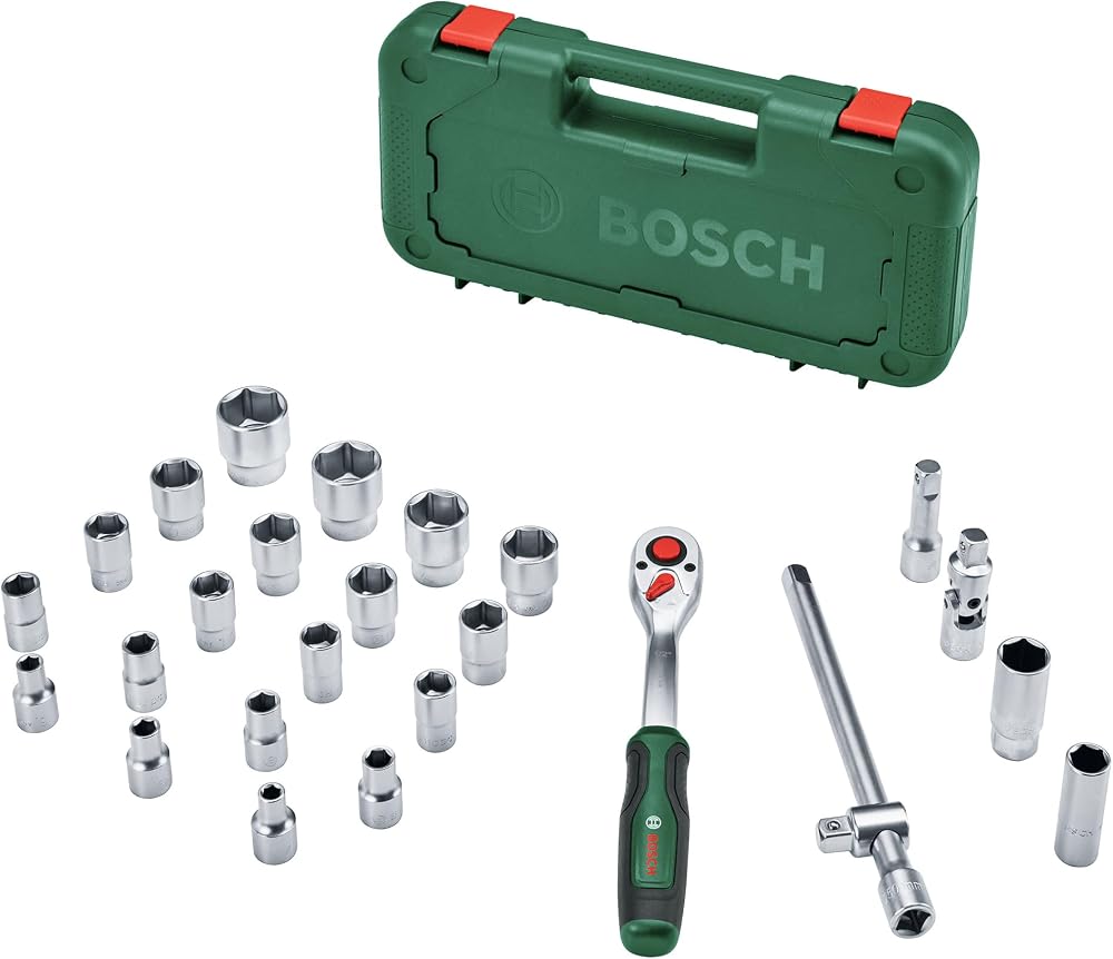 Bosch 1/2 inç cırcır, 25 parçalı set (güçlü mandal; 768 Nm'ye kadar yüksek tork; kilitleme düğmesi; sezgisel yön değişimi; kavisli boyun; ergonomik yumuşak sap; 24 aksesuar; çanta)