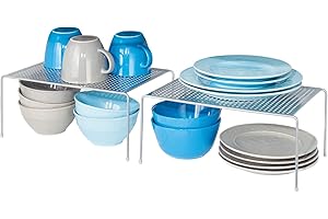 mDesign Set of 2 Free Standing Shelves – Metal Kitchen Storage for Cookware and Ingredients – Ideal Organiser for Kitchen Accessories – Silver