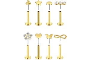 WillTen 8PCS Piercing Labio Plata Oro, 16G 6mm 8mm Piercing Tragus Acero Quirurgico con Circonita Cúbica, Nariz Stud Labio Barra Cartílago Hélix Piercing Joyería para Mujeres Niñas