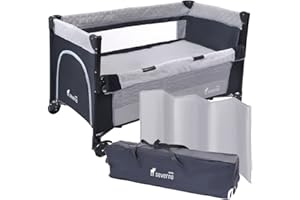 Severno Babybetten, Reisebetten, Baby Reisebett, Kinderreisebett, Laufstall, für Babys und Kinder ab Geburt bis 15 kg, Kompakt Faltbar, Rollen und Transporttasche, Overnight grau, 120x60 cm