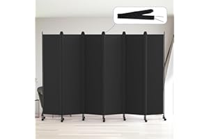Kokorona 6 Panel Room Divider, 6FT Tall Rolling Privacy Screen with Lockable Wheels, Folding Wall Dividers Portable Room Divider for Room Separation, Included - Cover Strips, Black, W 302 x H 178 cm