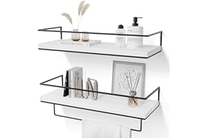 DIFFERTEMP Wandregal Weiß, Regal Weiß Wand, Schweberegal mit Handtuchhalter, Regalbrett Weiß Freischwebend 2er Set, Moderne Dekorative Hängeregal Weiß für Küche, Badezimmer, Schlafzimmer, Wohnzimmer usw (Weiss)