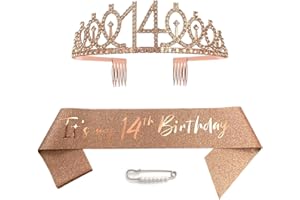 CEQINY 14. Geburtstag Schärpe Und Tiara, Krone 14 Roségold Kristall Geburtstagkrone Set,Rose Gold Geburtstagskrone Schärpe Deko Birthday Crown für Mädchen Frauen Birthday Party Accessoires