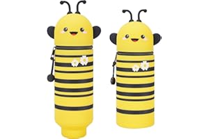 FARNIRVANA 2 In 1 Silikon Federmäppchen – Kawaii Tiermäppchen Biene, Weiches Schulmäppchen mit Reißverschluss, Stehendes Stiftemäppchen für Kinder, Schüler, Büro