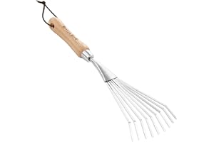 Berry&Bird Laubbesen mit kurzem Stiel, 37.3 cm Rechenbesen aus Edelstahl, Garten-Rechen mit Stiel aus Eschenholz, Kleinbesen für Rasen, Hand-Fächerbesen mit 9 Zinken für Garten Terrasse
