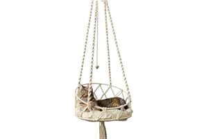 Cndiyald Cat Hanging Hammock, Cat Swing 16 Inch, Hanging Bed with Cotton Mat, Boho Macrame Hammock for Sleeping