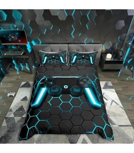 Gaming Bettwäsche-Set Für Teenager – Gamepad & Geometrisches Design, 155x220 Cm, Aus Polyester-Mikrofaser – Blau/Schwarz