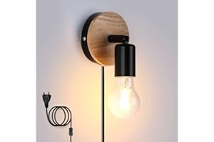 Lightsjoy Aplique de Pared E27 Apliques con Cable Enchufe e Interruptor Interior Industrial Madera Lámpara de pared Adecuado para dormitorios, pasillos, salas de estar, cocinas(No Incluye Bombilla)