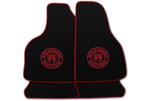 AUTOTEPPICH STYLERS WIR FERTIGEN IHRE FUßMATTEN AUTOTEPPICH-Stylers NF100 Schwarze Fußmatten passend für VW Golf 4 mit Logo Wolfsburg Edition WOB und Rand in rot