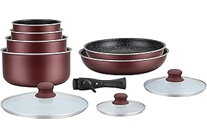 HAGEN, Batterie de cuisine revêtement pierre, Manche amovible, 10 pieces, Bordeaux, Revêtement anti-adhésif, Tous les types de feux, y compris l'induction, HA04647