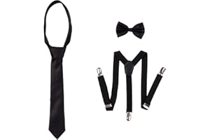 rise&Raba 3-Piece Kids Suspender, Bow Tie & Necktie Set | Adjustable Elastic Clip-On Braces, Bowtie & Tie for | Boys and Girls Ages 1–8