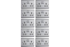 BRITISH GENERAL 10 x BG Nexus NBS22G Twin Switch Sockets 13 Amp Double Pole Brushed Steel/Grey Inserts