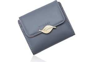 Roulens Mały portfel dla kobiet blokowanie RFID skóra PU liść wisiorek etui na karty organizer zamek błyskawiczny portmonetka na monety, Szary Niebieski, S, Współczesny