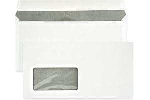 Netuno 1000 buste lettera lunghe bianche formato americano DL 110 x 220 mm 80g buste commerciali americane bianche con stampa interna grigia con finestra a sinistra taglio dritto con strip adesivo