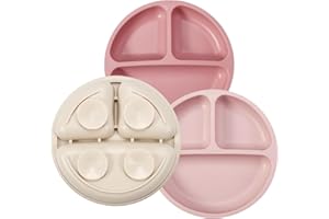 PandaEar Platos de silicona para bebé antideslizantes para niños con ventosas – Platos de bebé estables divididos – sin BPA – Paquete de 3 – Apto para lavavajillas y microondas (Rosa/Lino/Rosa Claro)