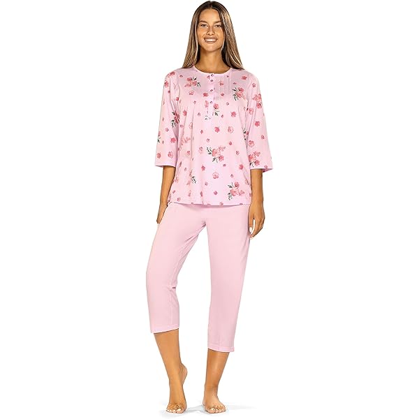 Comtessa Damen Schlafanzug Langarm - Baumwolle Pyjama Mit Knopfleiste