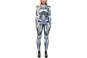 Surwin Femme Combinaison de Halloween 3D Motif Robot Armure, Manches Longues Fermeture Eclair Imprimée Cosplay Bodysuit Déguisement Carnaval De Noël