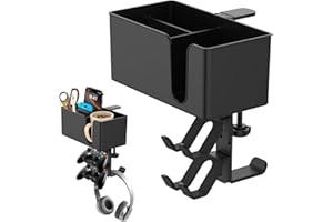 Focenat 5 en 1 Posa Vasos con Colgador para Auriculares, Soporte para Auriculares Debajo del Escritorio, Soporte Giratorio de 360° para Auriculares y Portavasos Extraíble, Organizador de Escritorio