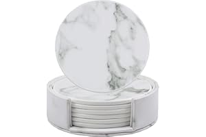 Homcomodar 6 Pezzi Sottobicchieri in PU Pelle Marmo Bianco Sottobicchiere con Titolare Rotondi Antiscivolo e Isolati Sottobicchieri per Birra Bottiglie Tazze da Tè Tazza da Caffè