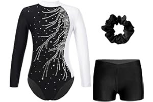 Alvivi Dziewczęcy strój gimnastyczny, brokatowy strój gimnastyczny z krótkimi spodniami, opaska na włosy, z długim rękawem, trykot gimnastyczny, strój do tańca