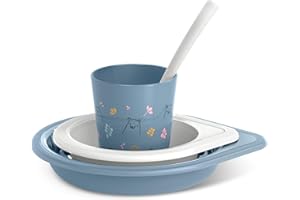 Suavinex, Set svezzamento Bambino +6 Mesi, Stoviglie per Bambini Lavabili in Lavastoviglie e Microonde. Include: Bicchiere + Piatto Piano + Ciotola + Cucchiaio. My family Blu