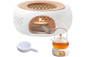 BOOAEE Réchaud pour théière, réchaud en céramique, chauffe-café, chauffe-thé en porcelaine avec liège et cuillère, chauffe-théière blanche, convient pour chauffer le thé et le café