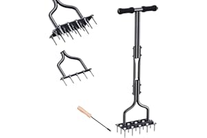 EEIEER Scarificateur Gazon Aérateurs de Gazon Manuels, Aérateur Gazon avec 15 Pointes et Outils de Désherbage, 2 in 1 Aerateur Pelouse Scarificateur Manuel pour Compacter Le Sol Pelouse Jardin