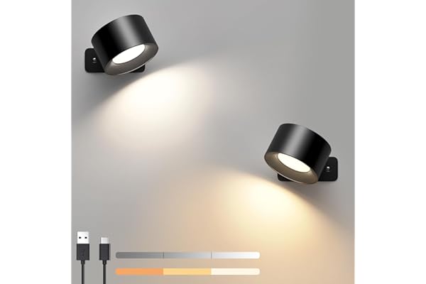 Mexllex Applique Murale Interieur 2PC, Lampe Murale Touch LED avec Port de Charge USB Contrôle Tactile, 3 Niveaux de Luminosité 3 Températures Rotatifs 360° Lampe de Chevet pour Chambre à Coucher