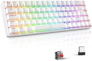 TECURS Clavier Gamer Mécanique sans Fil RGB Rétroéclairé, 65% TKL Clavier Gaming Azerty avec Bluetooth/2.4G /Type-C, 68 Touches Anti-Ghosting Switchs Rouge pour PC/Windows/Mac/Xbox, Blanc