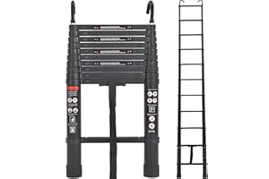 Exleiter Aluminum Telescoping Ladder, 3.2M/10.5FT Portable Extension Ladder with 2 Detachable Hooks Extendable Folding Ladder Anti-Slip Loft Ladder with Certificate EN 131, Black