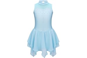 Freebily Vestido de Danza Patinaje sobre Hielo para Niña Cuello Hálter con Pedrería Brillante Maillot con Falda Tul Ballet Gimnasia Vestido de Bailarina