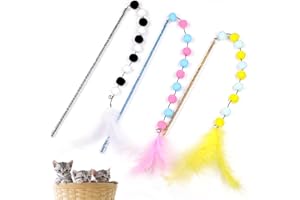Vaktop Cat Wand, 3PCS Interactive Cat Toys for Indoor Cats Adult Kitten, Colourful Cats Feather Toys with Bell and Plush Balls on, Kitten Toy - for Playing, Exercising and Training