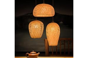 FUMIMID Lampy Wiszące Bambusowa Lampa Wisząca Naturalny Rattan Lampa Wisząca 3 Żarówki Stół Jadalnia Lampa Wisząca Retro Klosz Vintage E27 Regulowana Wysokość Żyrandol Restauracja Oświetlenie Domu