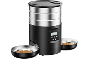 GROOKPET Comedero Gato Automatico Doble Cuencos: Dispensador Comida Gatos Acero Inoxidable - 5L Alimentador Perro con Programable Temporizador para Interior - Dosificador Pienso para Pequeño/Mediano Mascota