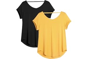 icyzone Femme T-Shirts de Yoga à Dos Ouvert Sport Shirt à Manche Courtes Sport Shirt Fitness Tops Col en V