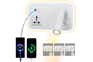 uksunvi LED lampada da parete da lettura con presa universale, USB Type-C doppia porta di ricarica regolabile interruttore 12W lampada da parete rotante con tre colori dimming (Rettangolo bianco)