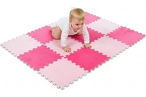 CROWNSHOP Plush Interlocking Foam Floor Tiles 30×30×1cm (12-Pack), Soft EVA Puzzle Play Mats with Edges for Kids, Yoga, Fitness, Bedroom & Living Room (Red & Pink(12PCS-Fleece-Lined ）)