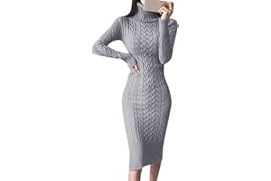 OIUHJN Strickkleid Damen Langärmelige Rollkragenpullover-Kleider für Damen Gestrickte Zopfmuster Figurbetonte Midi-Pullover-Kleider Grobstrickpullover Damen Winterkleid Pulloverkleid Damen Pulli