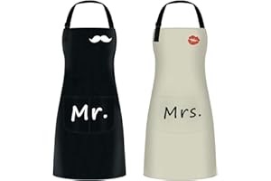 ATOPO 2 Pack Tabliers de Cuisine Étanche, Réglable Tabliers avec 2 Poche pour Femmes Hommes Chef, Tablier de Couple pour Mariage, Saint Valentin, Fête des Pères, Fête des Mères (Noir & Beige)