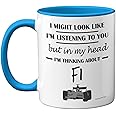 Stuff4 Formula 1 Gifts - in My Head I'm Thinking About F1 - Funny F1 Gifts for Men, Car Lover Gifts for Him, F1 Mug, Formula One Gifts, 11oz Ceramic Dishwasher Safe Blue Handle Mugs Novelty Cup