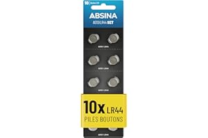 ABSINA 10x Pile LR44 AG13-1,5V Alcaline étanche & Longue durée - LR1154 / L1154 / L1154F / G13 / G13A / 13GA / 157 / V13GA / PX76A / RW82 - Piles lr44 Pile Bouton, Pile AG13, Pile A76, Pile LR 44